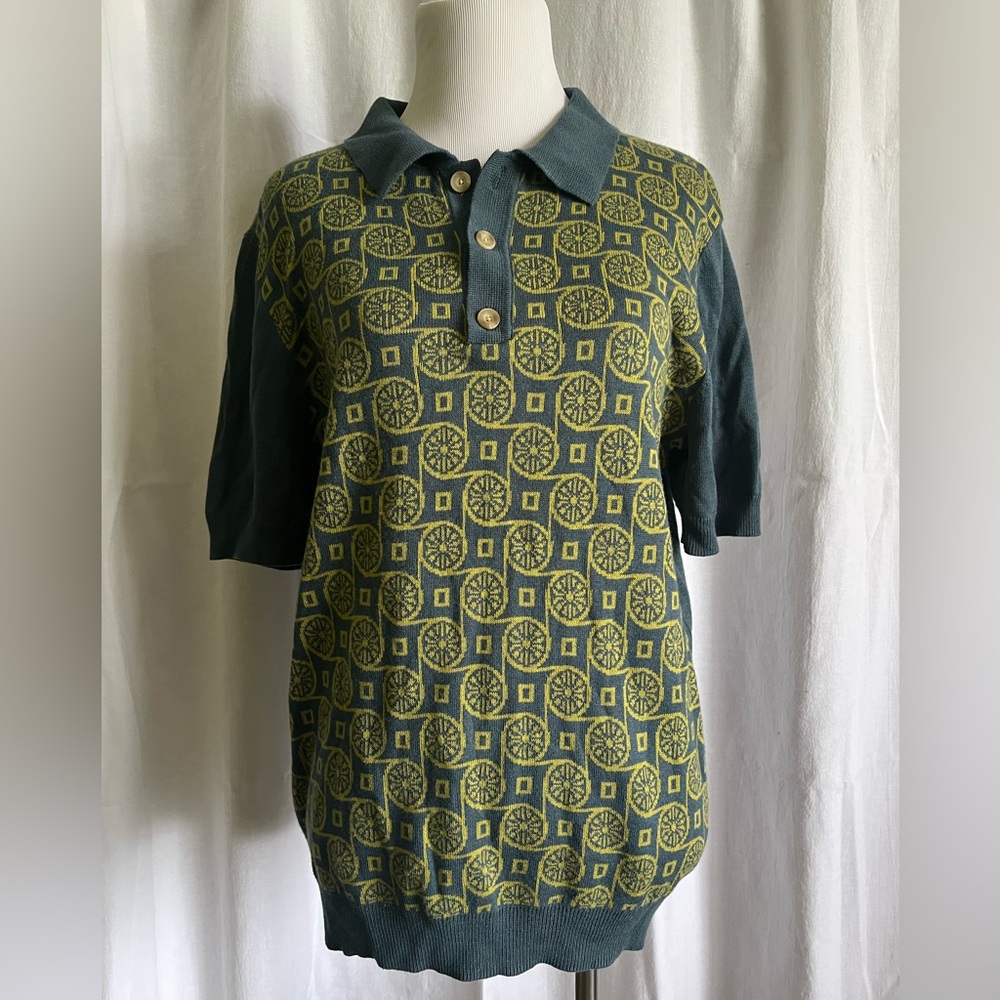 Urban Outfitters Mens Polo Shirt - Blue and Green Knit Size Medium
